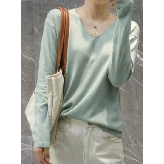 Simple Solid Color V-Neck Long Sleeve Knitwear Tops Simple Solid Color V-Neck Long Sleeve Knitwear Tops