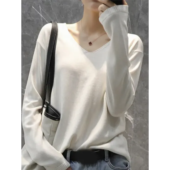 Simple Solid Color V-Neck Long Sleeve Knitwear Tops Simple Solid Color V-Neck Long Sleeve Knitwear Tops