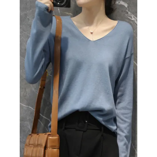 Simple Solid Color V-Neck Long Sleeve Knitwear Tops Simple Solid Color V-Neck Long Sleeve Knitwear Tops