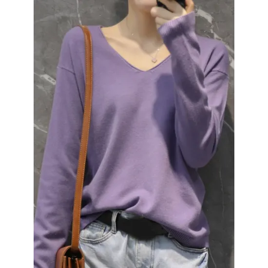 Simple Solid Color V-Neck Long Sleeve Knitwear Tops Simple Solid Color V-Neck Long Sleeve Knitwear Tops