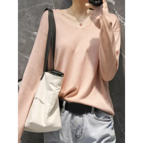 Simple Solid Color V-Neck Long Sleeve Knitwear Tops Simple Solid Color V-Neck Long Sleeve Knitwear Tops
