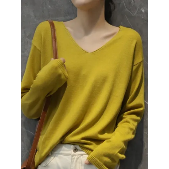 Simple Solid Color V-Neck Long Sleeve Knitwear Tops Simple Solid Color V-Neck Long Sleeve Knitwear Tops