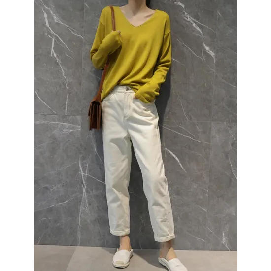 Simple Solid Color V-Neck Long Sleeve Knitwear Tops Simple Solid Color V-Neck Long Sleeve Knitwear Tops