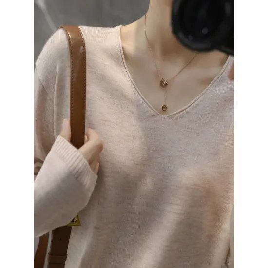 Simple Solid Color V-Neck Long Sleeve Knitwear Tops Simple Solid Color V-Neck Long Sleeve Knitwear Tops