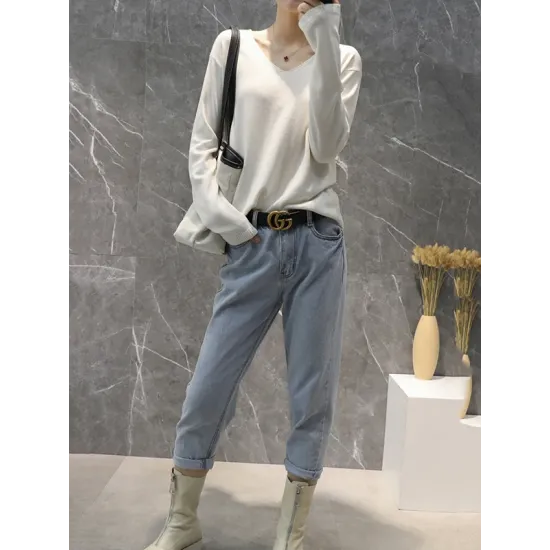 Simple Solid Color V-Neck Long Sleeve Knitwear Tops Simple Solid Color V-Neck Long Sleeve Knitwear Tops