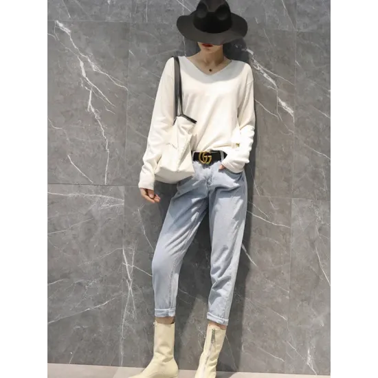 Simple Solid Color V-Neck Long Sleeve Knitwear Tops Simple Solid Color V-Neck Long Sleeve Knitwear Tops