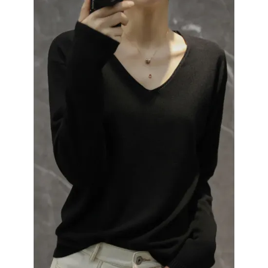 Simple Solid Color V-Neck Long Sleeve Knitwear Tops Simple Solid Color V-Neck Long Sleeve Knitwear Tops
