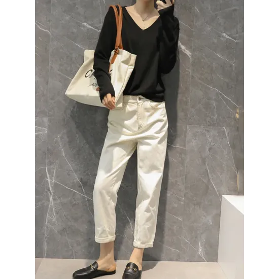 Simple Solid Color V-Neck Long Sleeve Knitwear Tops Simple Solid Color V-Neck Long Sleeve Knitwear Tops