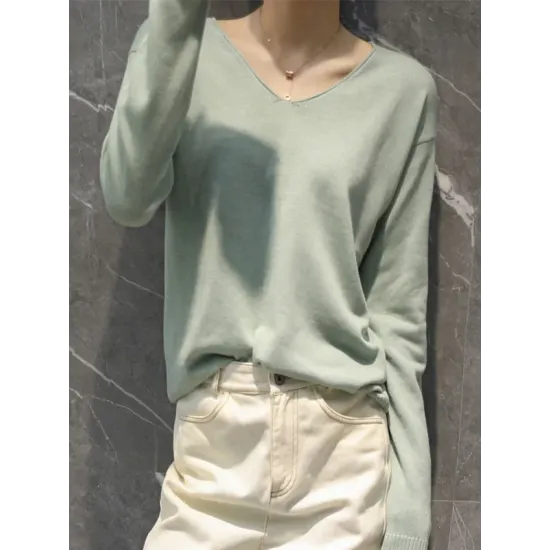 Simple Solid Color V-Neck Long Sleeve Knitwear Tops Simple Solid Color V-Neck Long Sleeve Knitwear Tops