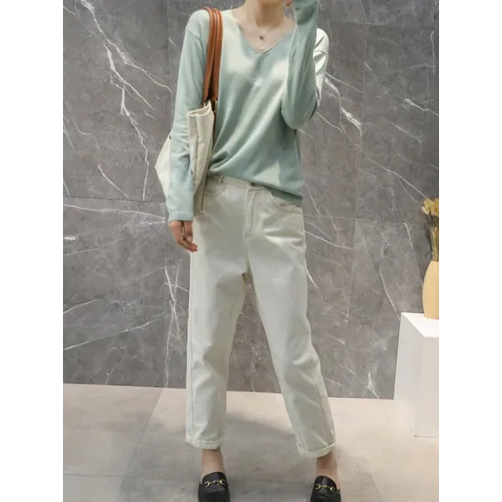 Simple Solid Color V-Neck Long Sleeve Knitwear Tops Simple Solid Color V-Neck Long Sleeve Knitwear Tops