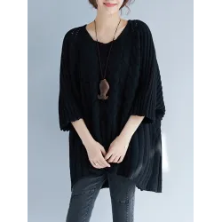 Vintage Loose Solid Color Round-Neck Batwing Half Sleeves Knitting Sweater