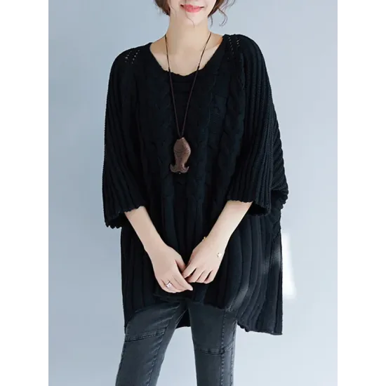 Vintage Loose Solid Color Round-Neck Batwing Half Sleeves Knitting Sweater Vintage Loose Solid Color Round-Neck Batwing Half Sleeves Knitting Sweater