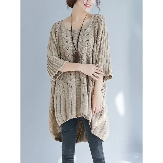 Vintage Loose Solid Color Round-Neck Batwing Half Sleeves Knitting Sweater Vintage Loose Solid Color Round-Neck Batwing Half Sleeves Knitting Sweater