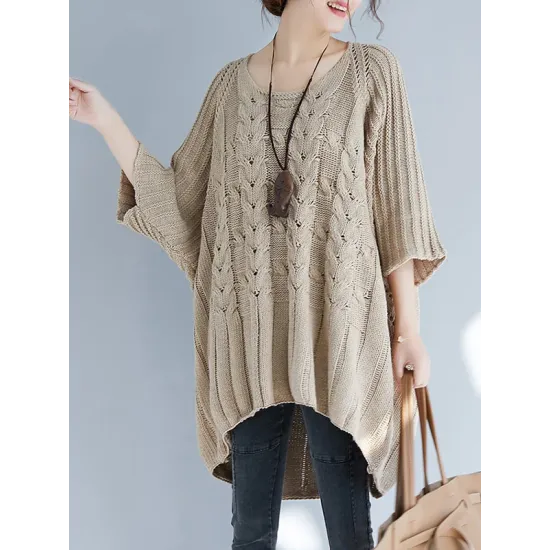 Vintage Loose Solid Color Round-Neck Batwing Half Sleeves Knitting Sweater Vintage Loose Solid Color Round-Neck Batwing Half Sleeves Knitting Sweater