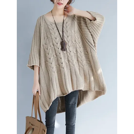 Vintage Loose Solid Color Round-Neck Batwing Half Sleeves Knitting Sweater Vintage Loose Solid Color Round-Neck Batwing Half Sleeves Knitting Sweater