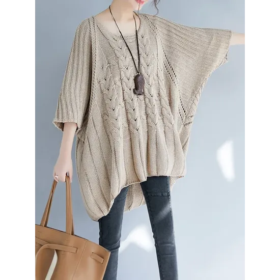 Vintage Loose Solid Color Round-Neck Batwing Half Sleeves Knitting Sweater Vintage Loose Solid Color Round-Neck Batwing Half Sleeves Knitting Sweater