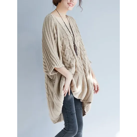 Vintage Loose Solid Color Round-Neck Batwing Half Sleeves Knitting Sweater Vintage Loose Solid Color Round-Neck Batwing Half Sleeves Knitting Sweater