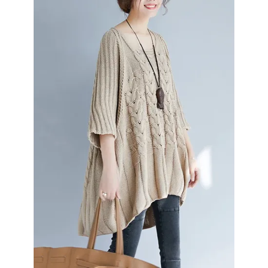 Vintage Loose Solid Color Round-Neck Batwing Half Sleeves Knitting Sweater Vintage Loose Solid Color Round-Neck Batwing Half Sleeves Knitting Sweater