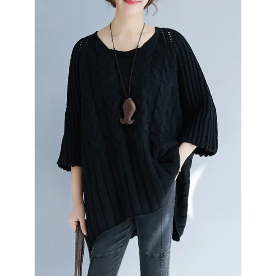 Vintage Loose Solid Color Round-Neck Batwing Half Sleeves Knitting Sweater Vintage Loose Solid Color Round-Neck Batwing Half Sleeves Knitting Sweater