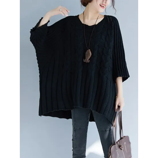 Vintage Loose Solid Color Round-Neck Batwing Half Sleeves Knitting Sweater Vintage Loose Solid Color Round-Neck Batwing Half Sleeves Knitting Sweater