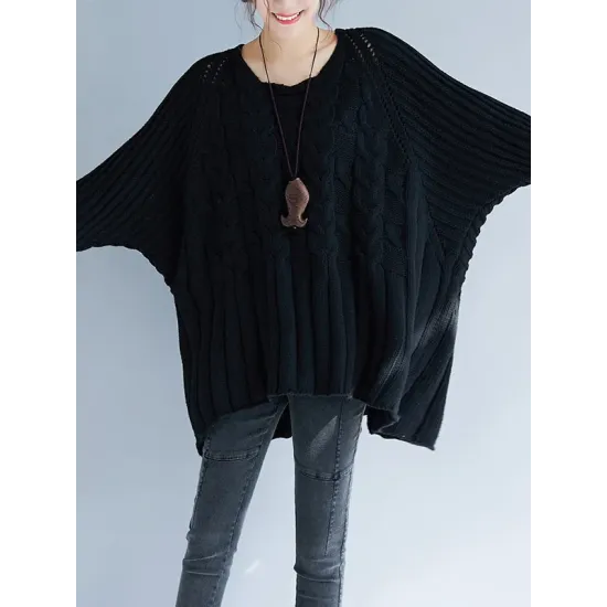 Vintage Loose Solid Color Round-Neck Batwing Half Sleeves Knitting Sweater Vintage Loose Solid Color Round-Neck Batwing Half Sleeves Knitting Sweater
