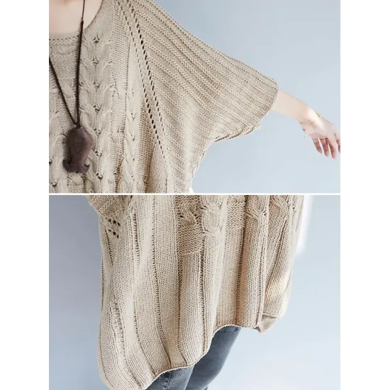 Vintage Loose Solid Color Round-Neck Batwing Half Sleeves Knitting Sweater Vintage Loose Solid Color Round-Neck Batwing Half Sleeves Knitting Sweater