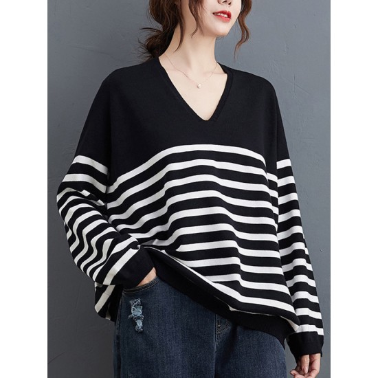 Artistic Retro Casual Loose Striped V-Neck Long Sleeves Knitted Sweater Artistic Retro Casual Loose Striped V-Neck Long Sleeves Knitted Sweater