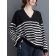 Artistic Retro Casual Loose Striped V-Neck Long Sleeves Knitted Sweater Artistic Retro Casual Loose Striped V-Neck Long Sleeves Knitted Sweater