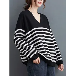 Artistic Retro Casual Loose Striped V-Neck Long Sleeves Knitted Sweater