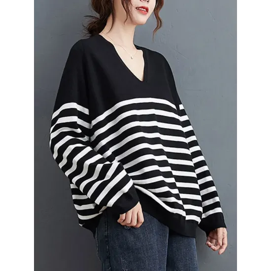 Artistic Retro Casual Loose Striped V-Neck Long Sleeves Knitted Sweater Artistic Retro Casual Loose Striped V-Neck Long Sleeves Knitted Sweater