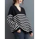 Artistic Retro Casual Loose Striped V-Neck Long Sleeves Knitted Sweater Artistic Retro Casual Loose Striped V-Neck Long Sleeves Knitted Sweater
