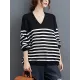 Artistic Retro Casual Loose Striped V-Neck Long Sleeves Knitted Sweater Artistic Retro Casual Loose Striped V-Neck Long Sleeves Knitted Sweater
