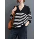 Artistic Retro Casual Loose Striped V-Neck Long Sleeves Knitted Sweater Artistic Retro Casual Loose Striped V-Neck Long Sleeves Knitted Sweater