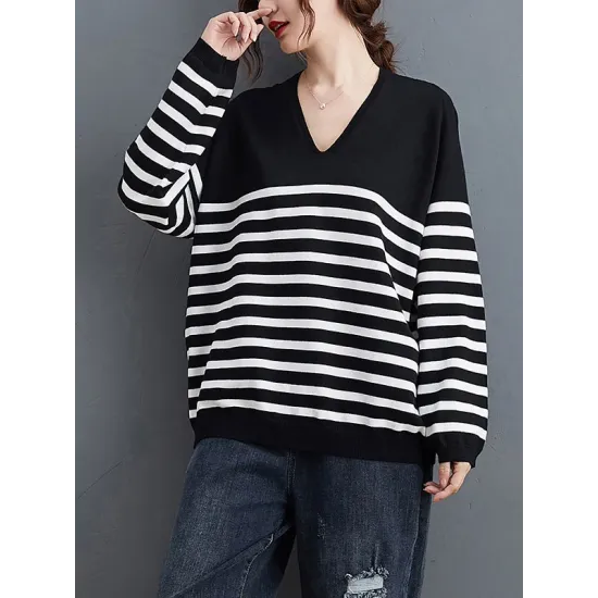 Artistic Retro Casual Loose Striped V-Neck Long Sleeves Knitted Sweater Artistic Retro Casual Loose Striped V-Neck Long Sleeves Knitted Sweater