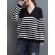 Artistic Retro Casual Loose Striped V-Neck Long Sleeves Knitted Sweater Artistic Retro Casual Loose Striped V-Neck Long Sleeves Knitted Sweater