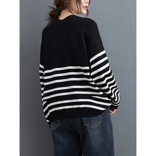 Artistic Retro Casual Loose Striped V-Neck Long Sleeves Knitted Sweater Artistic Retro Casual Loose Striped V-Neck Long Sleeves Knitted Sweater
