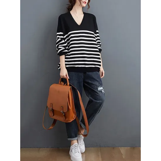 Artistic Retro Casual Loose Striped V-Neck Long Sleeves Knitted Sweater Artistic Retro Casual Loose Striped V-Neck Long Sleeves Knitted Sweater