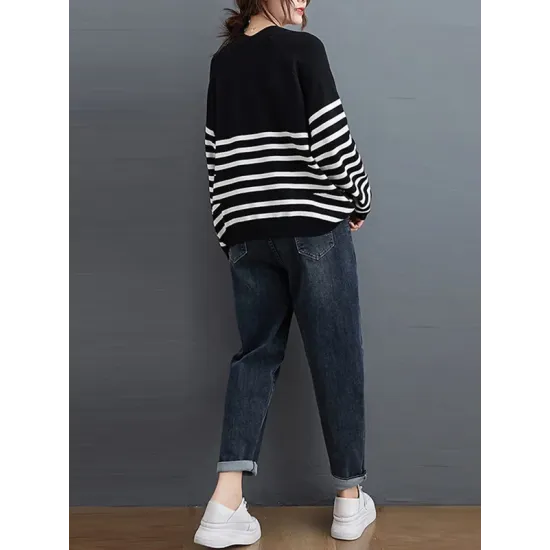 Artistic Retro Casual Loose Striped V-Neck Long Sleeves Knitted Sweater Artistic Retro Casual Loose Striped V-Neck Long Sleeves Knitted Sweater
