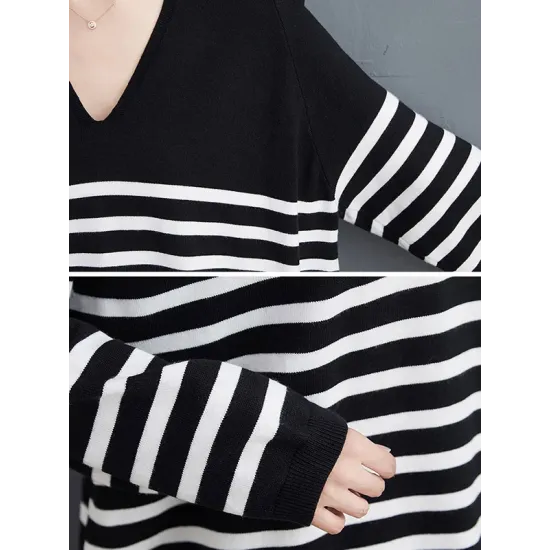 Artistic Retro Casual Loose Striped V-Neck Long Sleeves Knitted Sweater Artistic Retro Casual Loose Striped V-Neck Long Sleeves Knitted Sweater