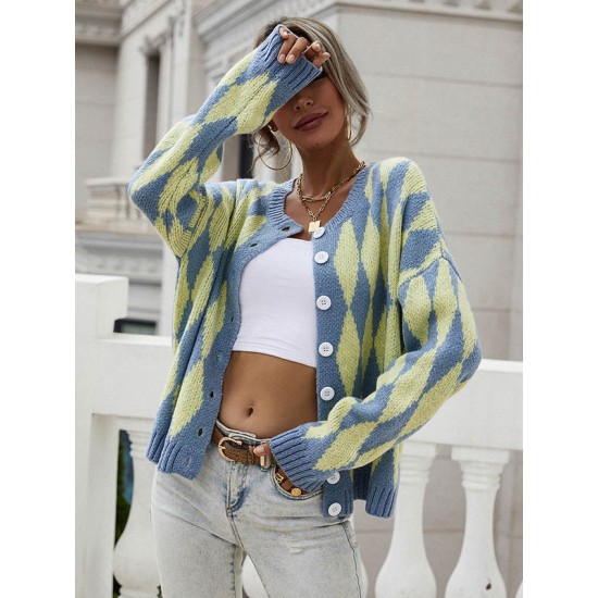 Vintage Loose Buttoned Contrast Color Cardigan Top Vintage Loose Buttoned Contrast Color Cardigan Top