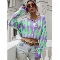 Vintage Loose Buttoned Contrast Color Cardigan Top