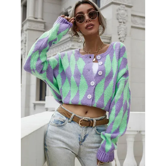 Vintage Loose Buttoned Contrast Color Cardigan Top Vintage Loose Buttoned Contrast Color Cardigan Top