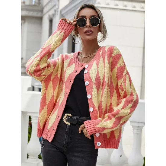 Vintage Loose Buttoned Contrast Color Cardigan Top Vintage Loose Buttoned Contrast Color Cardigan Top