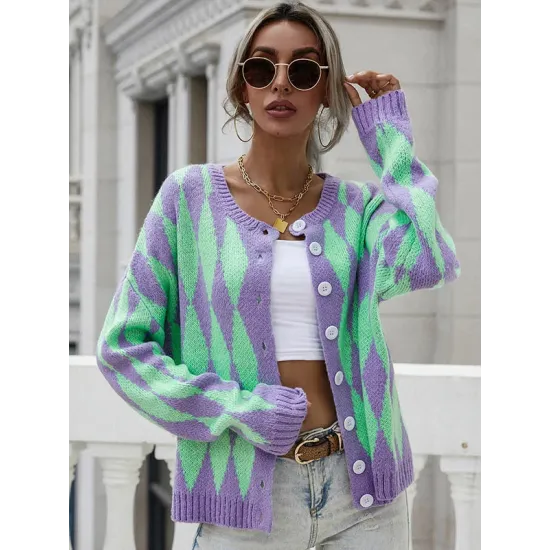 Vintage Loose Buttoned Contrast Color Cardigan Top Vintage Loose Buttoned Contrast Color Cardigan Top