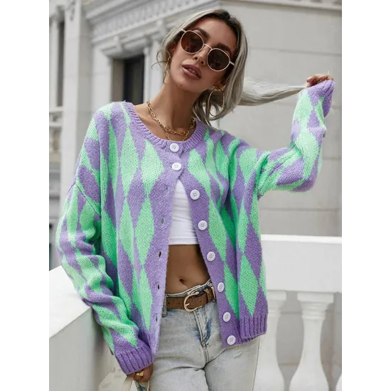Vintage Loose Buttoned Contrast Color Cardigan Top Vintage Loose Buttoned Contrast Color Cardigan Top
