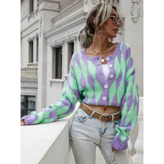Vintage Loose Buttoned Contrast Color Cardigan Top Vintage Loose Buttoned Contrast Color Cardigan Top