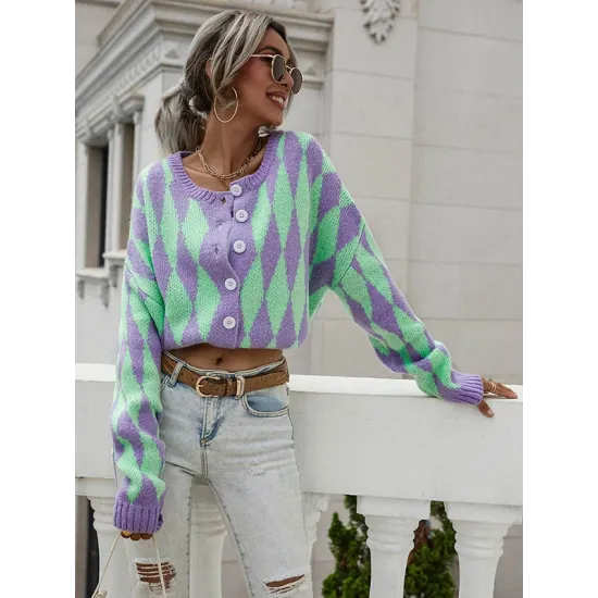 Vintage Loose Buttoned Contrast Color Cardigan Top Vintage Loose Buttoned Contrast Color Cardigan Top