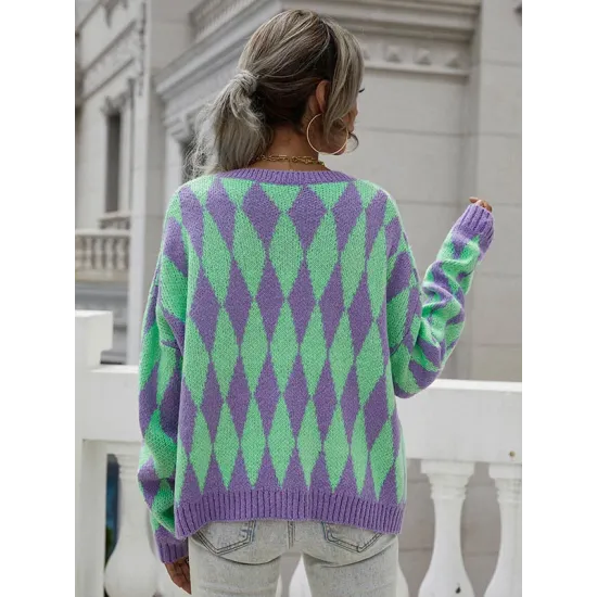 Vintage Loose Buttoned Contrast Color Cardigan Top Vintage Loose Buttoned Contrast Color Cardigan Top