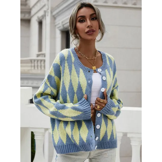 Vintage Loose Buttoned Contrast Color Cardigan Top Vintage Loose Buttoned Contrast Color Cardigan Top