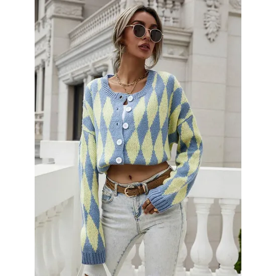 Vintage Loose Buttoned Contrast Color Cardigan Top Vintage Loose Buttoned Contrast Color Cardigan Top